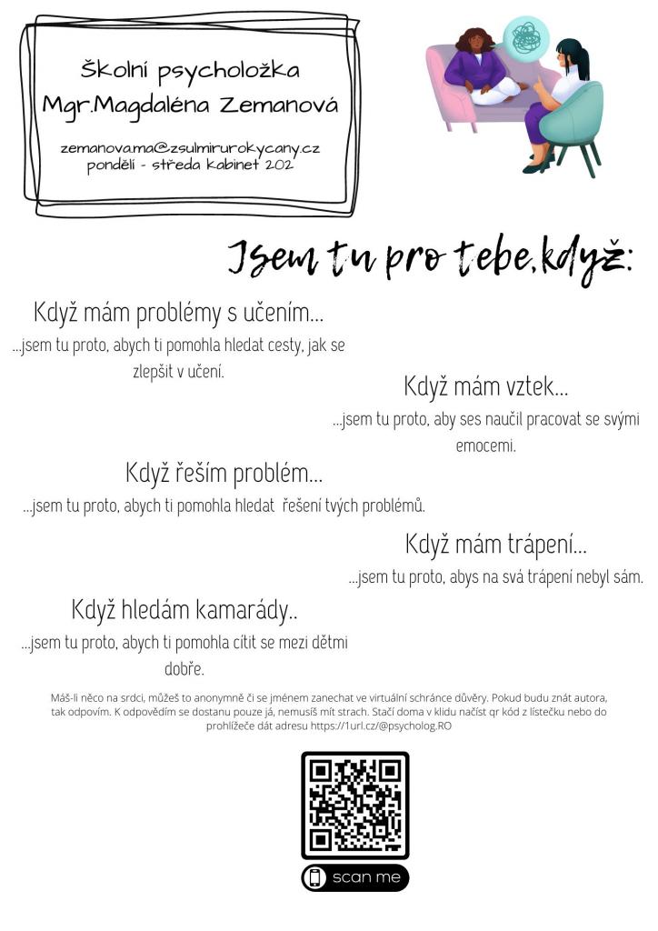 školní psycholog je zde pro žáky od pondělí do středy